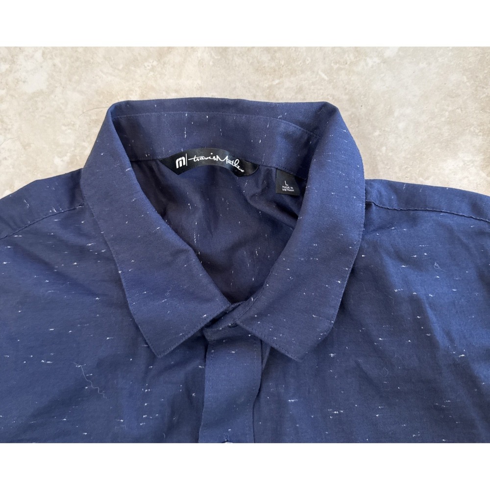 Travis‎ Mathew Short Sleeve Shirt Sz L Navy Blue White Speckled Button Up Career